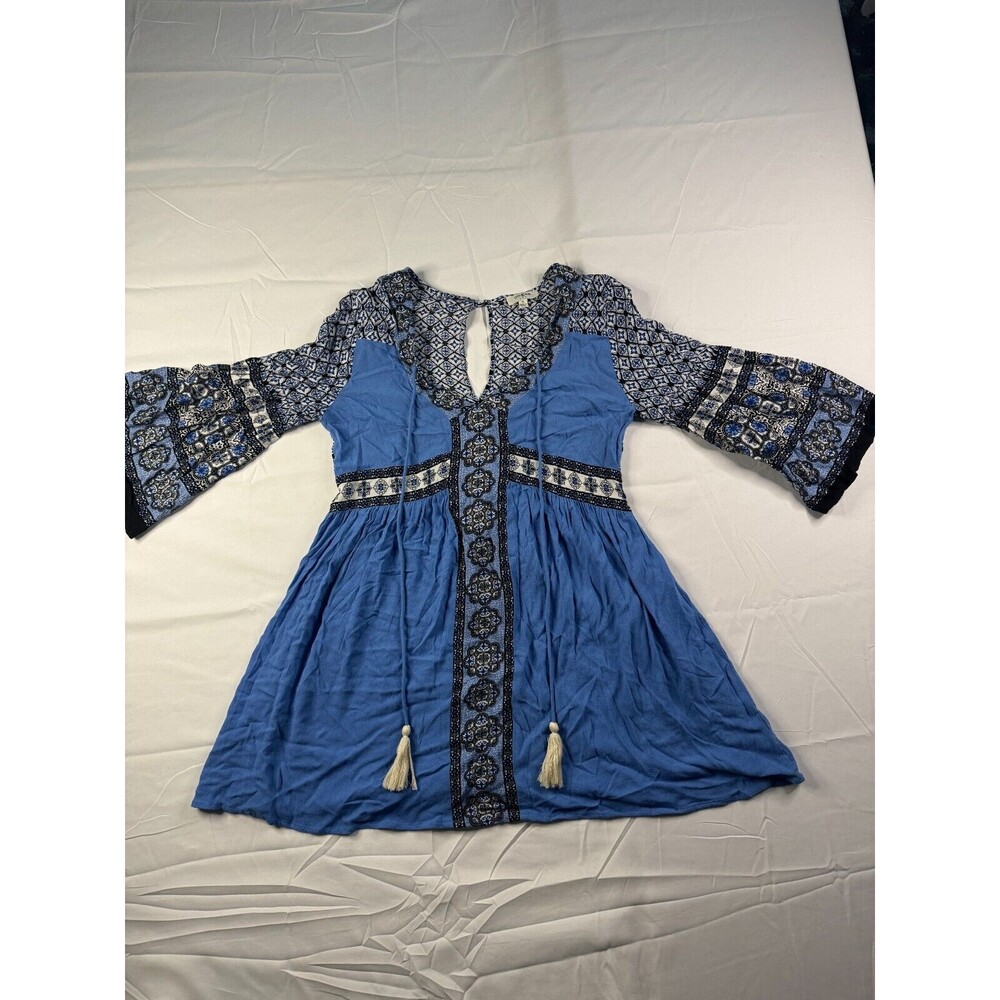 Umgee Dress Womens Size Small A-Line V Neck Black Blue Long Bell Sleeve